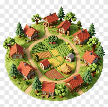 3D Village With Houses And Farm Fields PNG