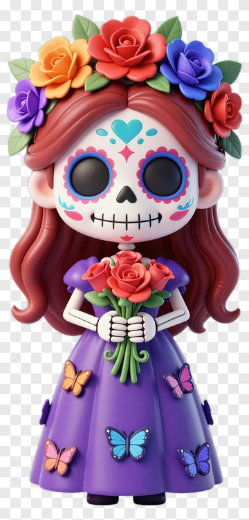 Cartoon Sugar Skull Girl Holding A Bouquet Of Roses PNG