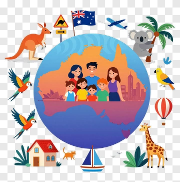 Family In Australia With Iconic Wildlife And Landmarks PNG