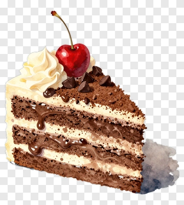 Chocolate Cake Slice With Cherry And Whipped Cream PNG