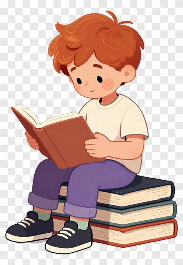 Cartoon Boy Reading A Book On Stacked Books PNG