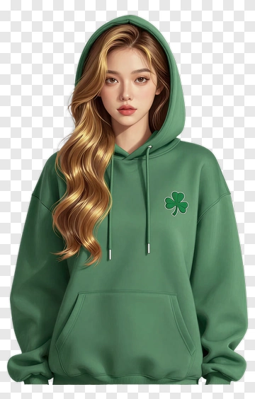 Woman Wearing Green Hoodie With Shamrock PNG