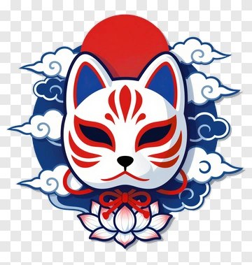 Japanese Fox Mask With Lotus And Clouds PNG