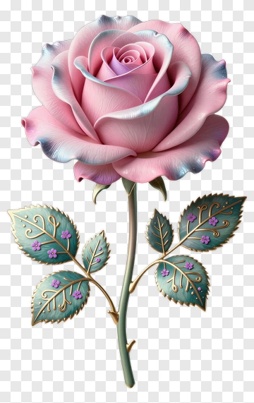 Pink Rose With Decorative Leaves PNG
