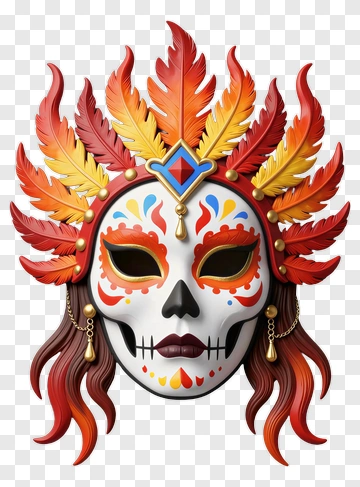 Colorful Sugar Skull Mask With Feathers PNG