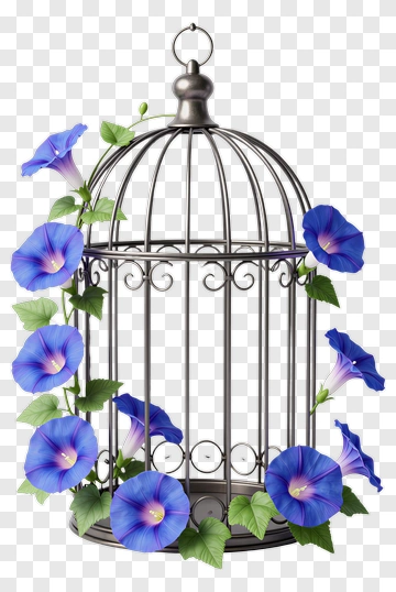 Birdcage Surrounded By Blue Morning Glory Flowers PNG