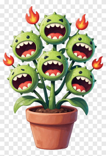 Cartoon Plant With Multiple Monsters In A Pot PNG