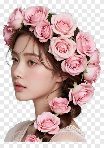 Woman With Pink Rose Crown PNG
