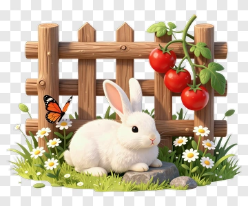 Cute Rabbit In A Garden With Tomatoes And Butterflies PNG
