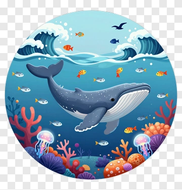 Cartoon Whale Swimming In A Colorful Coral Reef PNG