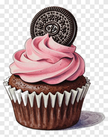 Chocolate Cupcake With Pink Frosting And Oreo Cookie PNG