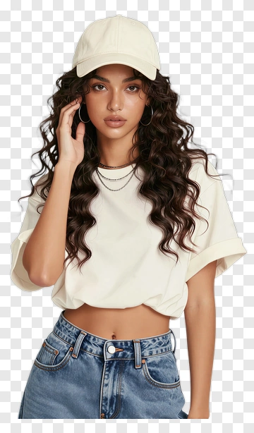 Young Woman In Casual Outfit With Curly Hair PNG
