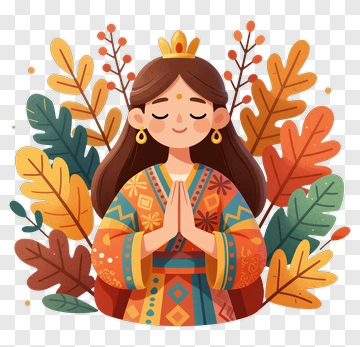 Cartoon Woman Praying Surrounded By Autumn Leaves PNG