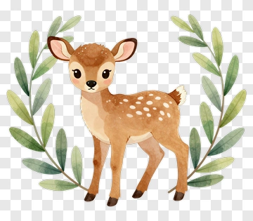 Cute Cartoon Fawn Surrounded By Leaves PNG