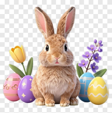 Cartoon Easter Bunny Surrounded By Colorful Eggs And Flowers PNG