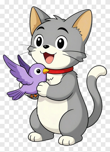 Cartoon Cat Holding A Purple Bird PNG