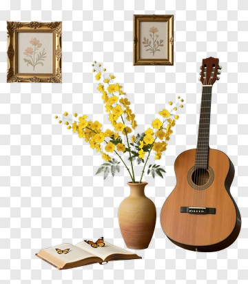 Guitar And Flower Vase With Framed Artwork PNG