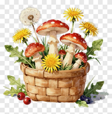 Mushroom Basket With Dandelions And Leaves PNG