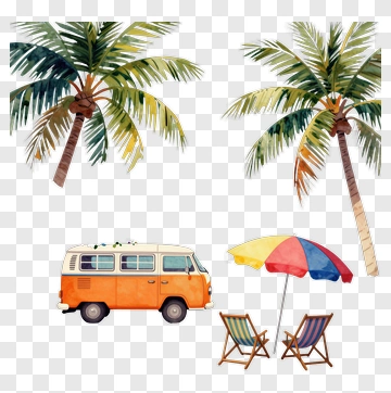 Beach Scene With Vintage Van And Palm Trees PNG