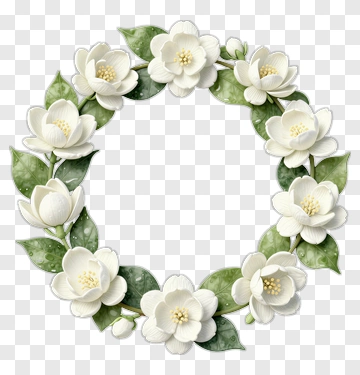 Flower Wreath With White Blooms And Green Leaves PNG