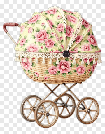 Vintage Baby Stroller With Floral Design PNG