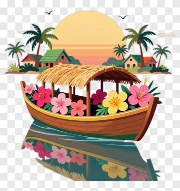 Tropical Boat Filled With Flowers At Sunset PNG