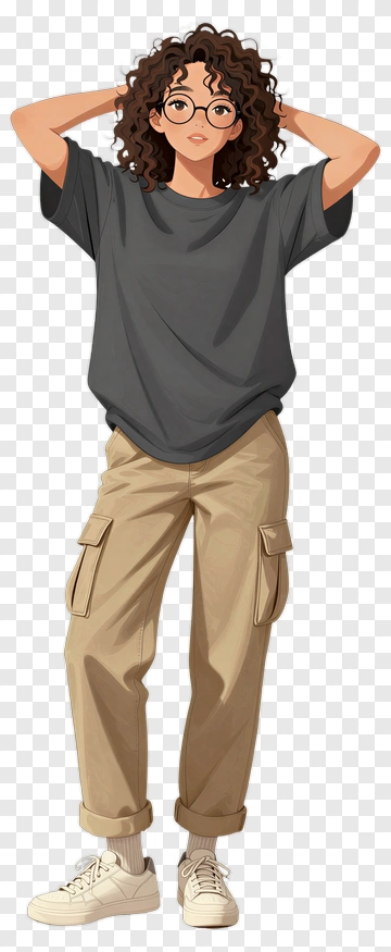 Casual Character With Curly Hair And Glasses PNG