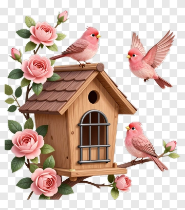 Birdhouse With Pink Birds And Roses PNG