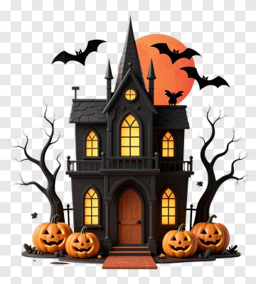 Haunted House With Halloween Pumpkins And Bats PNG