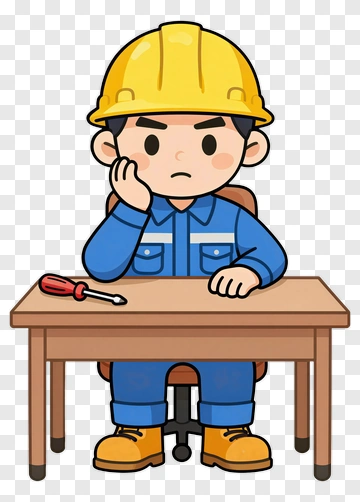 Cartoon Construction Worker Sitting At A Desk PNG