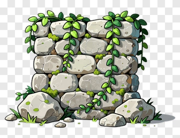 Cartoon Stone Wall With Vines And Grass PNG