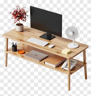 Modern Wooden Desk With Computer And Accessories PNG