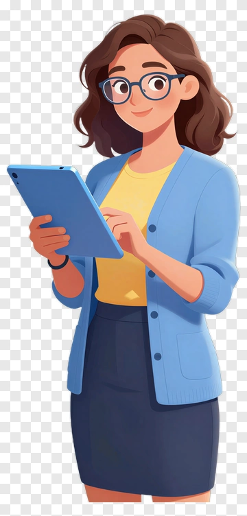 Cartoon Woman Using A Tablet PNG