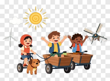 Children Riding Wagons With A Dog In A Sunny Environment PNG