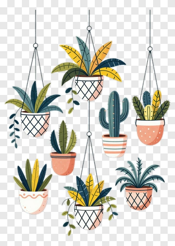 Hanging Plant Pots With Various Greenery PNG