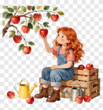 Girl Picking Apples From A Tree PNG