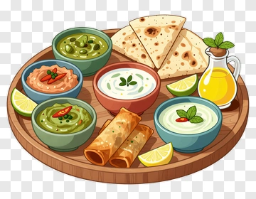 Colorful Indian Platter With Dips And Bread PNG