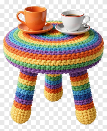 Colorful Crochet Stool With Cups PNG