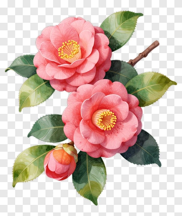 Pink Camellia Flowers With Leaves PNG