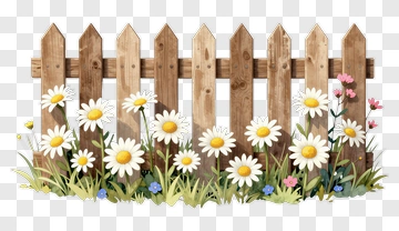 Wooden Fence With Daisies And Wildflowers PNG