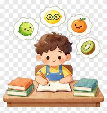 Cartoon Boy Writing At A Desk With Thought Bubbles PNG