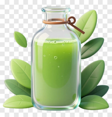 Glass Bottle With Green Smoothie And Leaves PNG