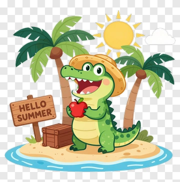 Cartoon Alligator Holding An Apple On A Summer Beach PNG