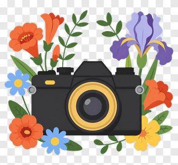 Camera Surrounded By Colorful Flowers PNG
