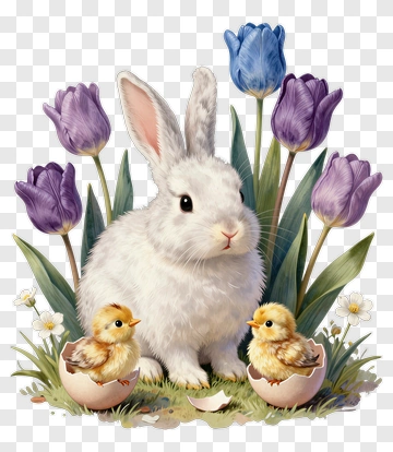 Cute Rabbit Surrounded By Colorful Tulips And Chicks PNG