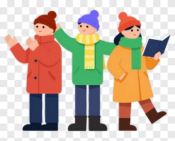 Cartoon Group Of Friends In Winter Clothing PNG