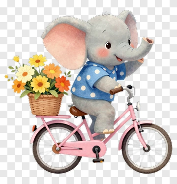 Cartoon Elephant Riding A Bicycle With Flowers PNG