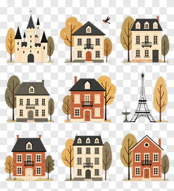 Colorful House Collection With Trees PNG