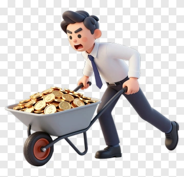 3D Businessman Pushing A Wheelbarrow Full Of Coins PNG
