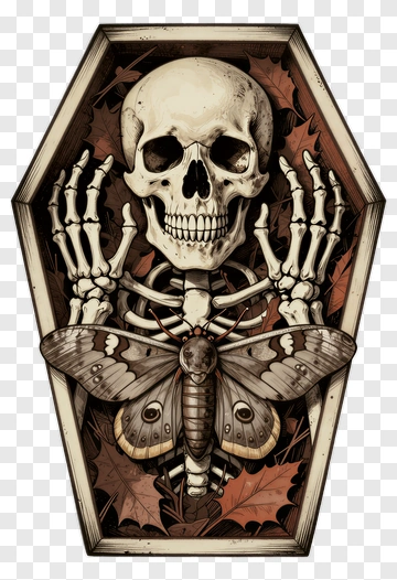 Skeleton With Moth Inside A Coffin PNG